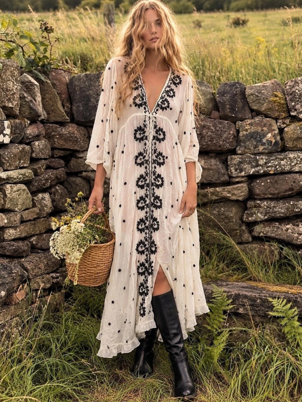Free People Fable Embroidered Maxi Boho Farmers Daughter Ethereal White Dress L